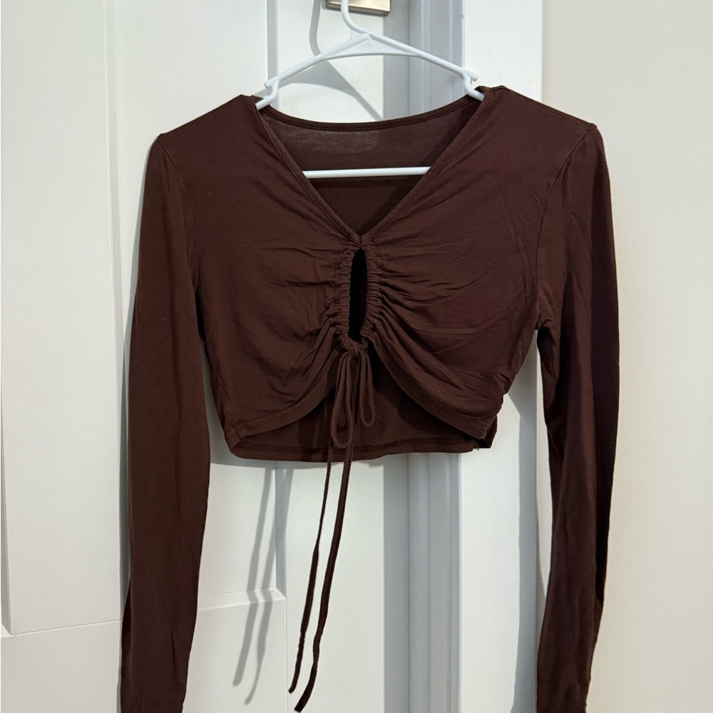 Brown Long Sleeve Ruched Crop Top